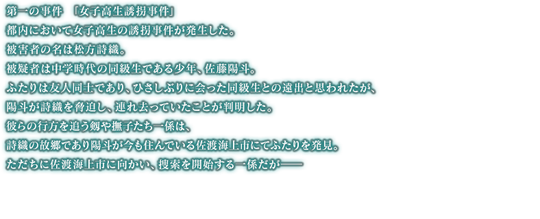 都内において女子高生の誘拐事件が発生した。被害者の名は松方詩織。被疑者は中学時代の同級生である少年、佐藤陽斗。ふたりは友人同士であり、ひさしぶりに会った同級生との遠出と思われたが、陽斗が詩織を脅迫し、連れ去っていたことが判明した。彼らの行方を追う剱や撫子たち一係は、詩織の故郷であり陽斗が今も住んでいる佐渡海上市にてふたりを発見。ただちに佐渡海上市に向かい、捜索を開始する一係だが――